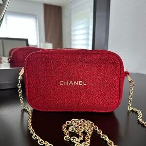 CHANEL Red Tweed Crossbody Camera Bag with Gold Chain Strap